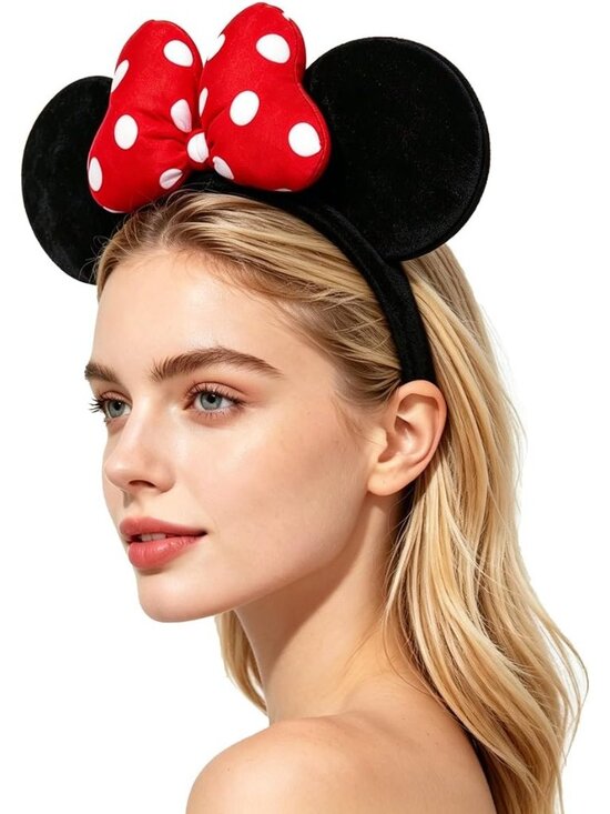 Women\'s Red Black Casual Handmade Polka Dot Bow Mickey Mouse Headband